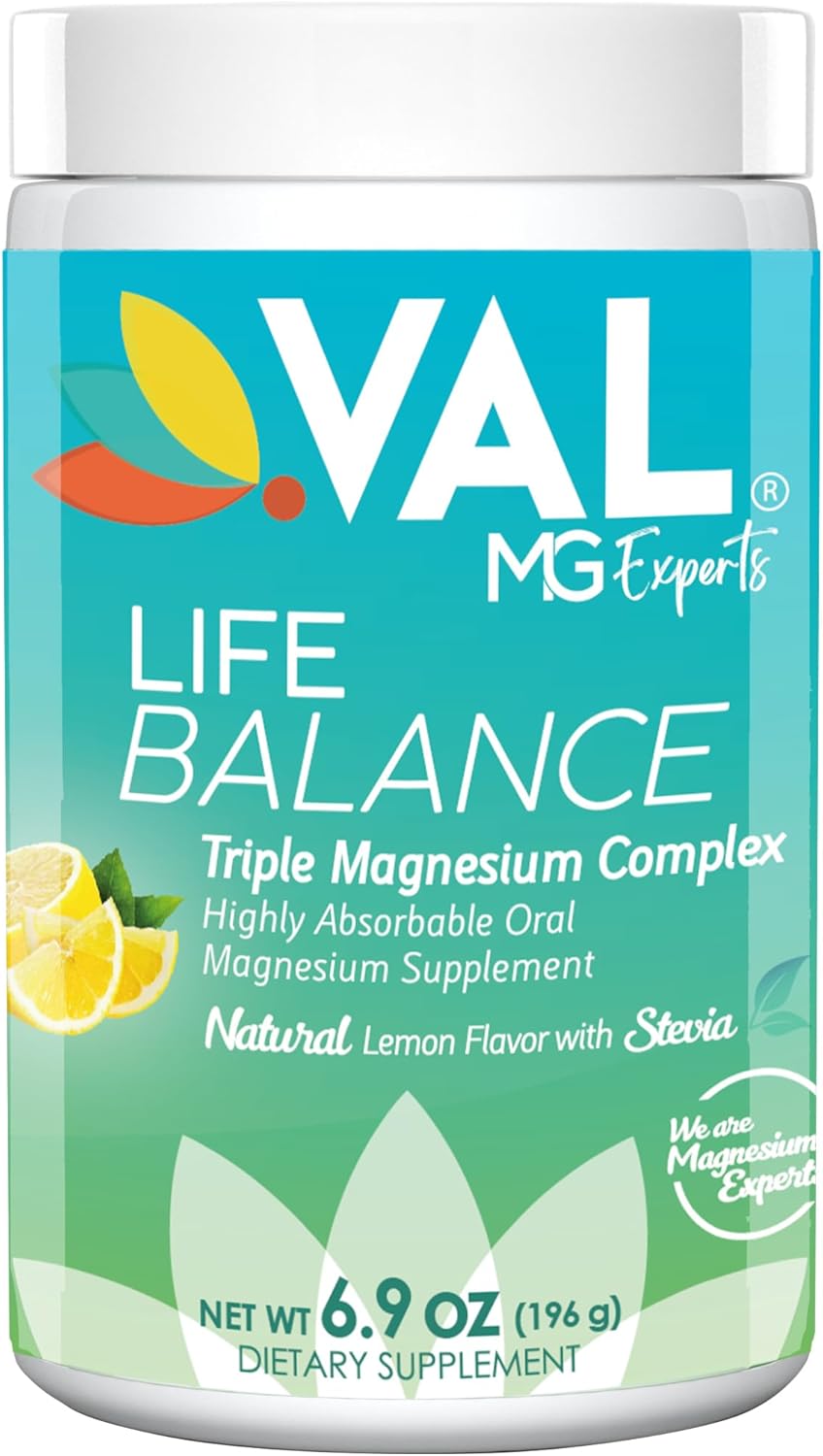 VAL Triple Magnesium Complex Powder Supplement with Vitamin B6 - Vegan, Gluten-Free, Non-GMO Lemon Flavor - Magnesium Glycinate, Taurate, Citrate - 6.9 oz