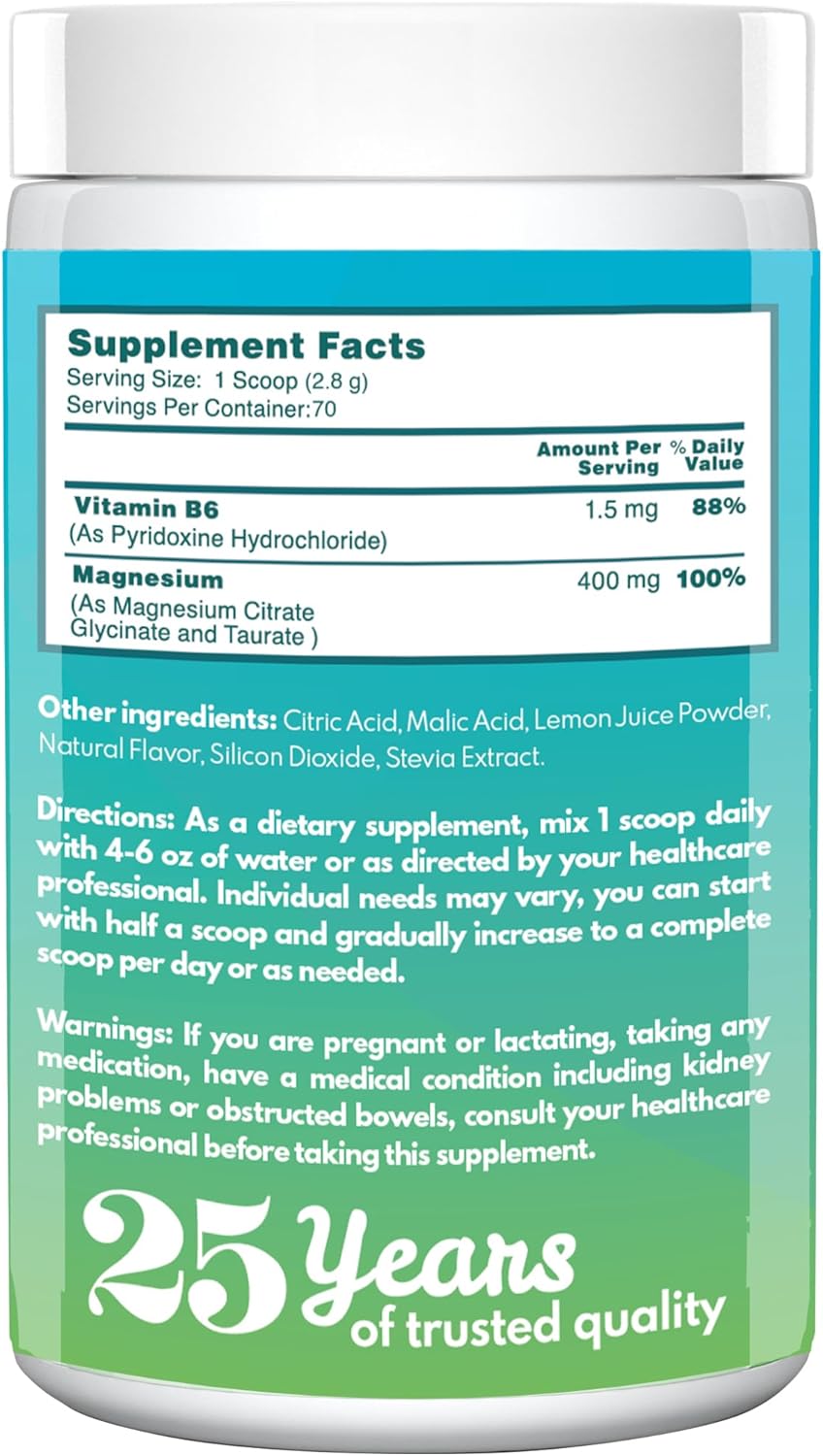 VAL Triple Magnesium Complex Powder Supplement with Vitamin B6 - Vegan, Gluten-Free, Non-GMO Lemon Flavor - Magnesium Glycinate, Taurate, Citrate - 6.9 oz