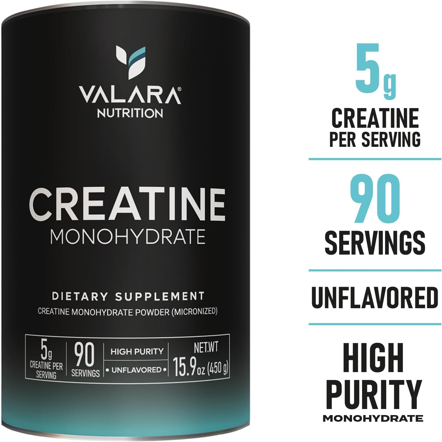 Valara Boost Recovery Creatine Monohydrate Powder - 450g, 90 Servings, Unflavored, Vegan, Keto - 5000mg Per Serv