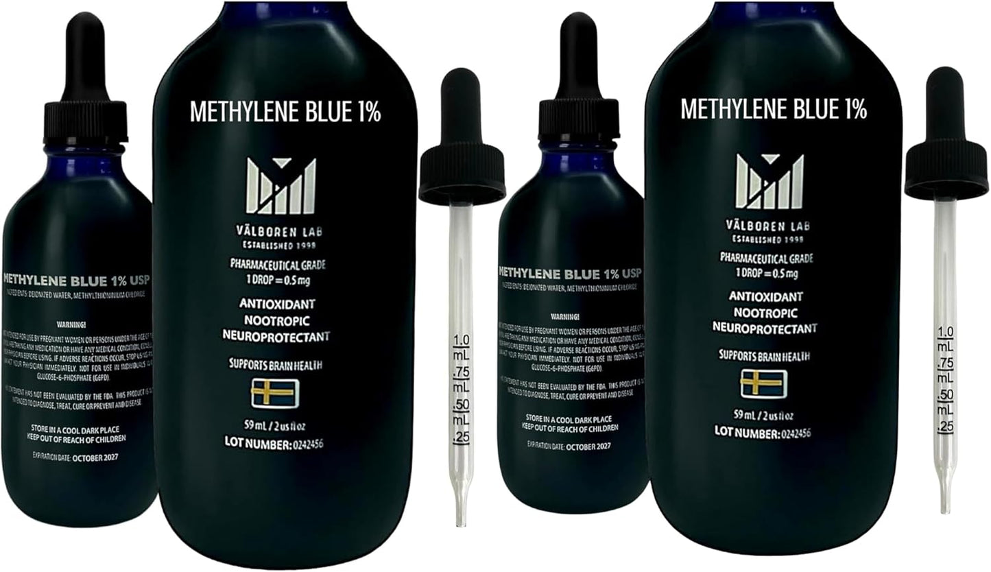 Valboren Labs Methylene Blue Bundle: Pharmaceutical Grade 1% USP - Includes 2 oz & 4 oz Bottles, Third-Party Tested, Made in USA - Brain Health Supplement, Free of Formaldehyde & Alcohol