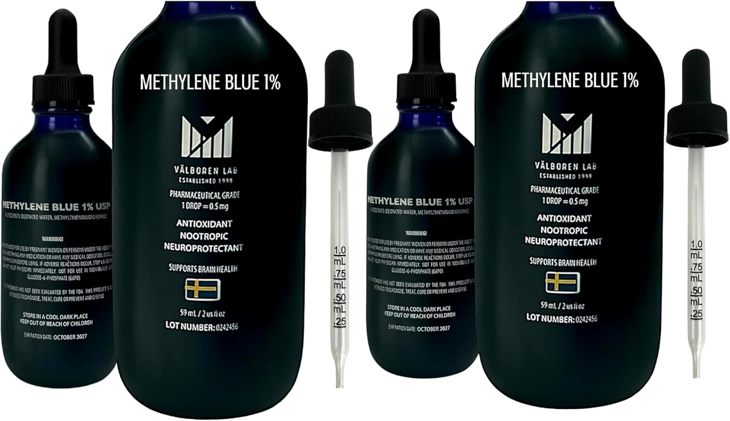 Valboren Labs Methylene Blue Bundle: Pharmaceutical Grade 1% USP - Includes 2 oz & 4 oz Bottles, Third-Party Tested, Made in USA - Brain Health Supplement, Free of Formaldehyde & Alcohol