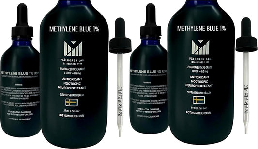 Valboren Labs Methylene Blue Bundle: Pharmaceutical Grade 1% USP - Includes 2 oz & 4 oz Bottles, Third-Party Tested, Made in USA - Brain Health Supplement, Free of Formaldehyde & Alcohol