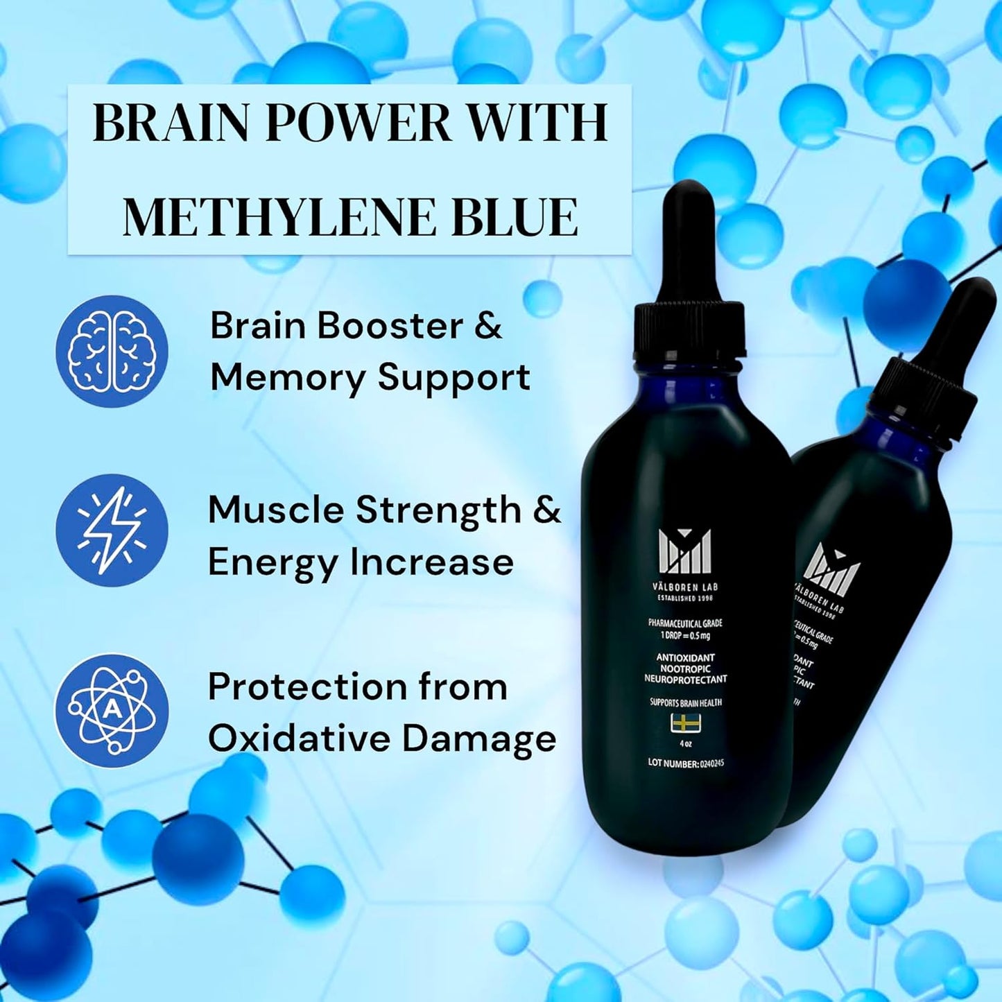 Valboren Labs Methylene Blue Bundle: Pharmaceutical Grade 1% USP - Includes 2 oz & 4 oz Bottles, Third-Party Tested, Made in USA - Brain Health Supplement, Free of Formaldehyde & Alcohol