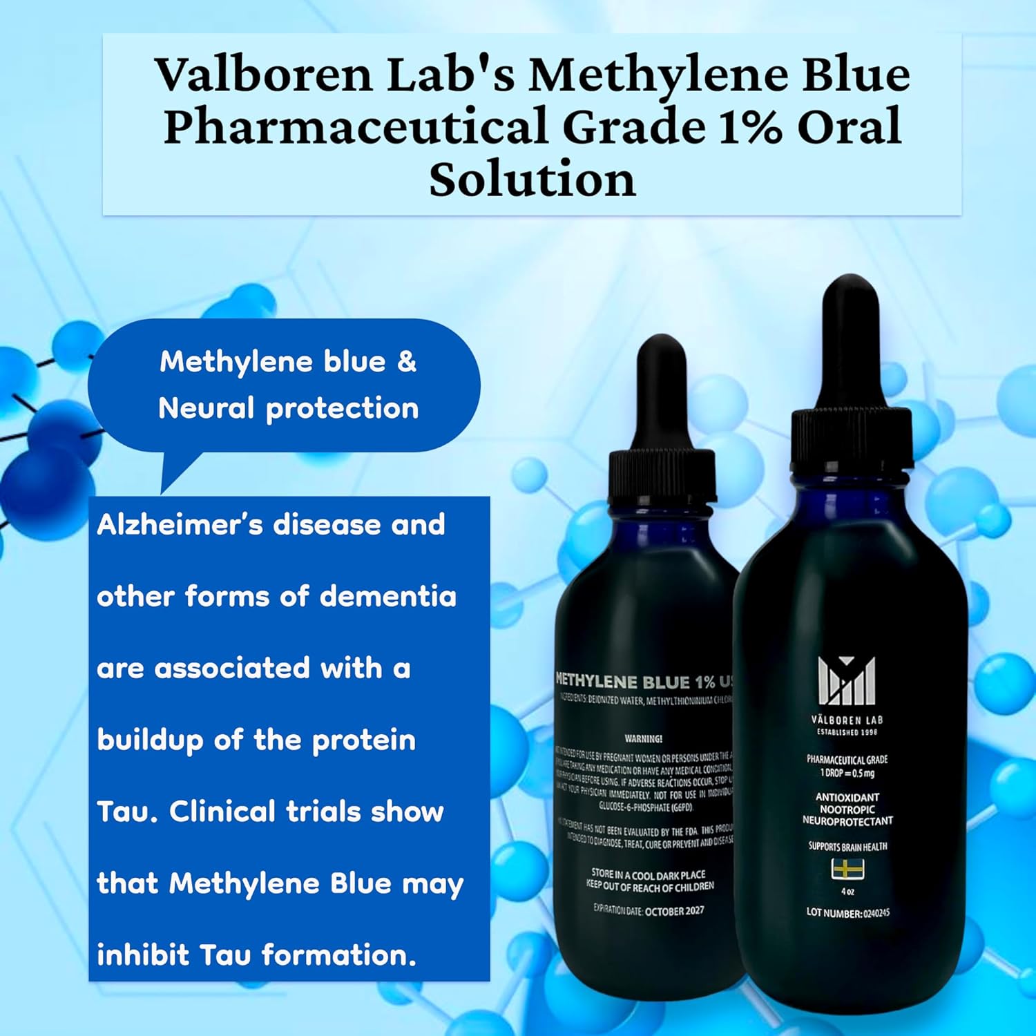 Valboren Labs Methylene Blue Bundle: Pharmaceutical Grade 1% USP - Includes 2 oz & 4 oz Bottles, Third-Party Tested, Made in USA - Brain Health Supplement, Free of Formaldehyde & Alcohol