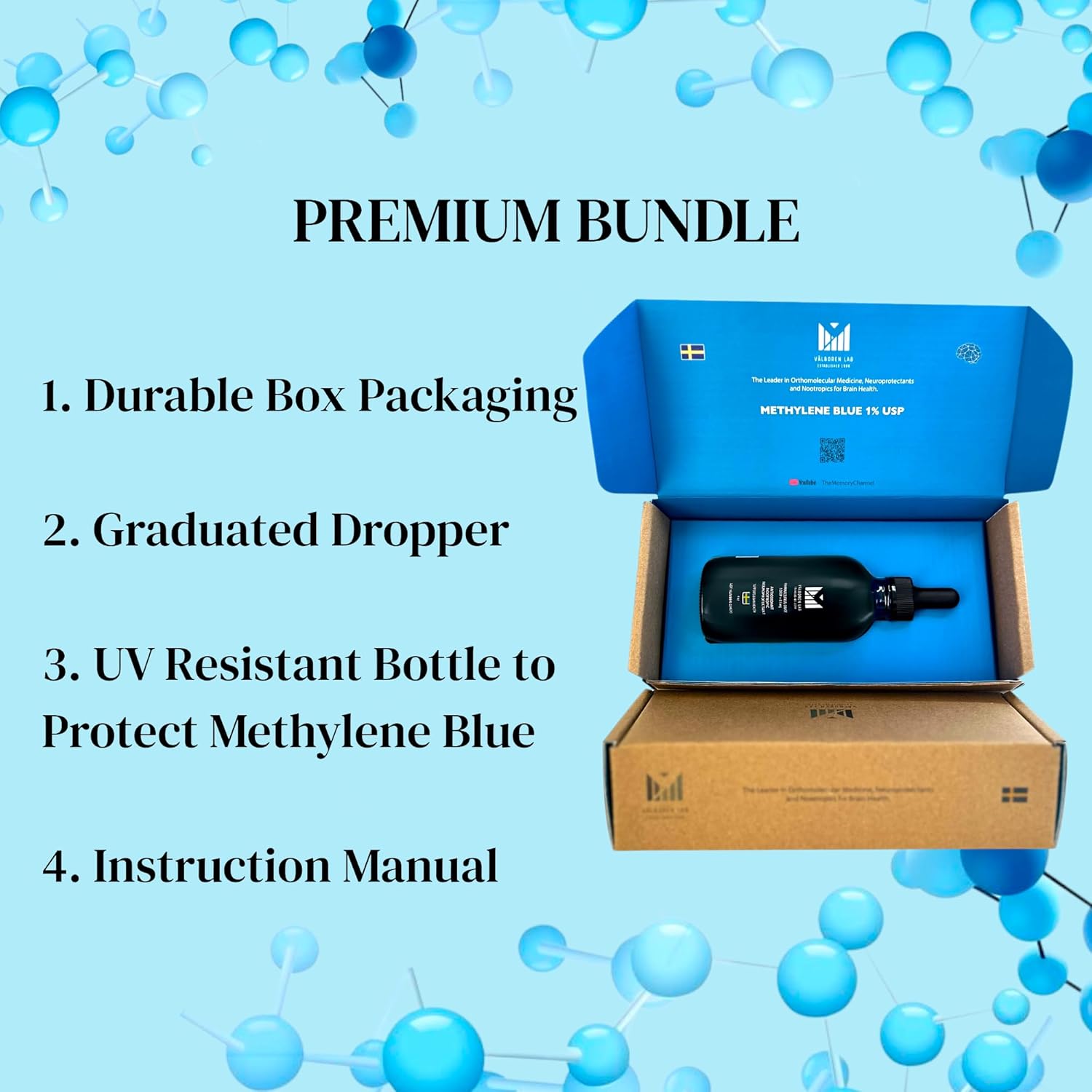 Valboren Labs Methylene Blue Bundle: Pharmaceutical Grade 1% USP - Includes 2 oz & 4 oz Bottles, Third-Party Tested, Made in USA - Brain Health Supplement, Free of Formaldehyde & Alcohol