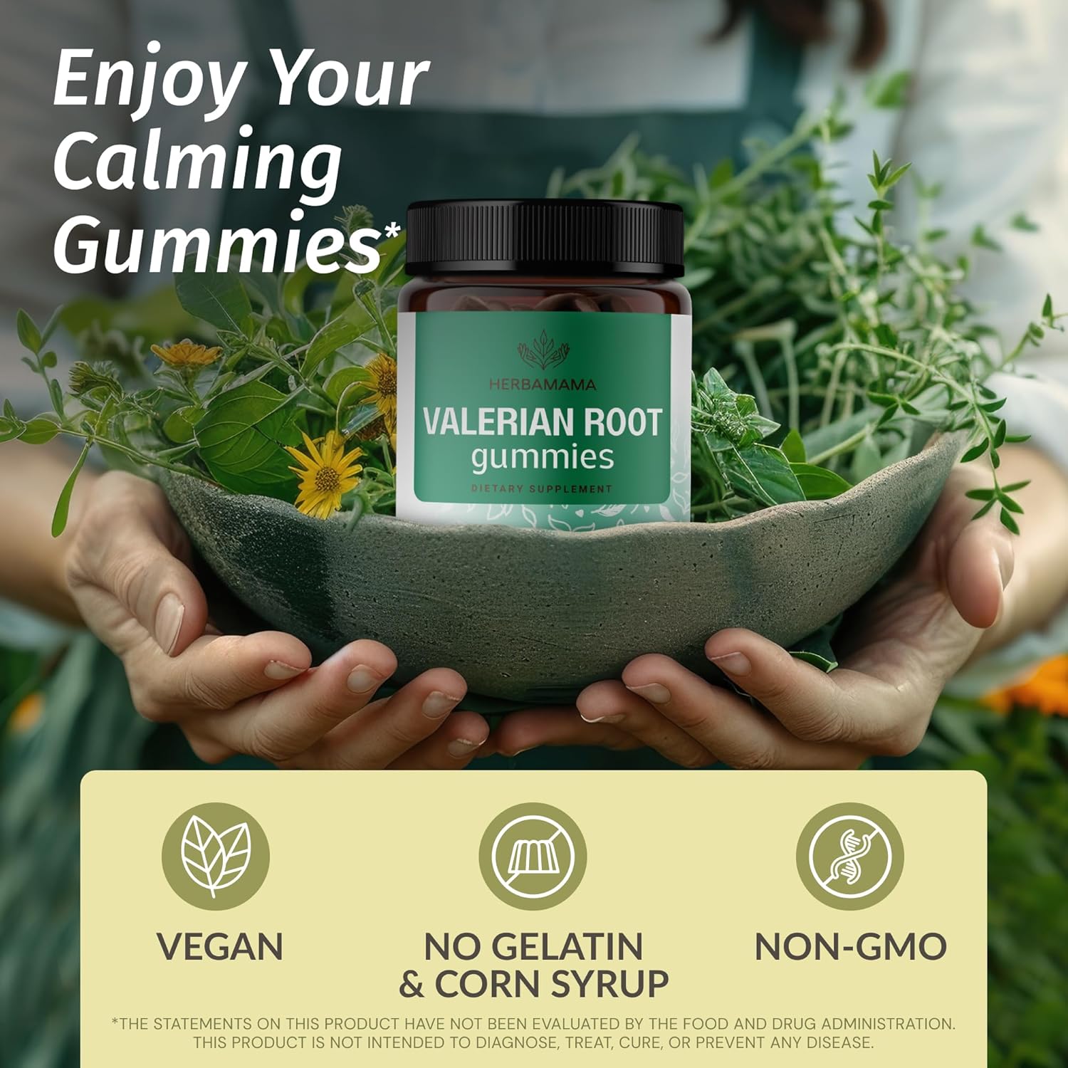 Valerian Root Gummies and Motherwort Liquid Drops Bundle - HERBAMAMA - 1800mg - Vegan, Non-GMO, Gelatin & Alcohol-Free - 2 Pack
