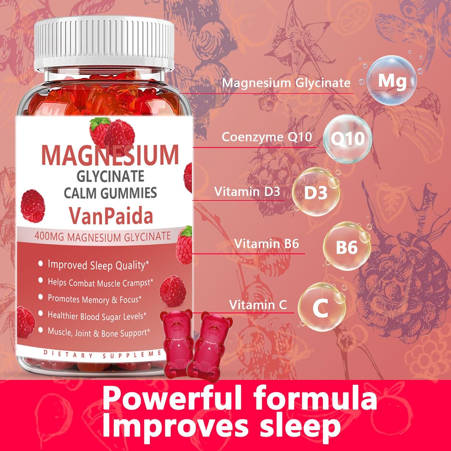 Van Paida Magnesium Glycinate Gummies - Muscle Relaxation, Pain & Cramps Relief, Bone & Energy Support, Mood Calming - High Absorption Vitamin B6, Magnesium & Potassium Supplement