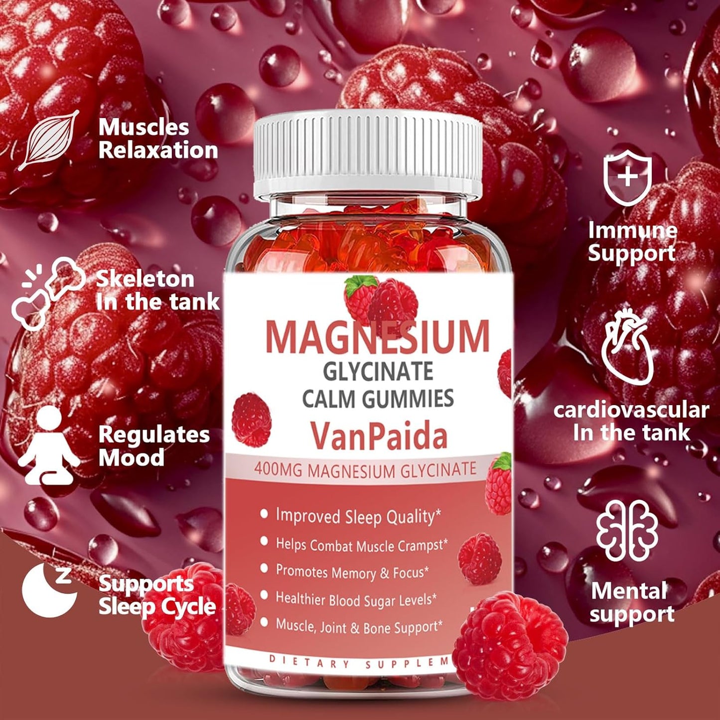 Van Paida Magnesium Glycinate Gummies - Muscle Relaxation, Pain & Cramps Relief, Bone & Energy Support, Mood Calming - High Absorption Vitamin B6, Magnesium & Potassium Supplement