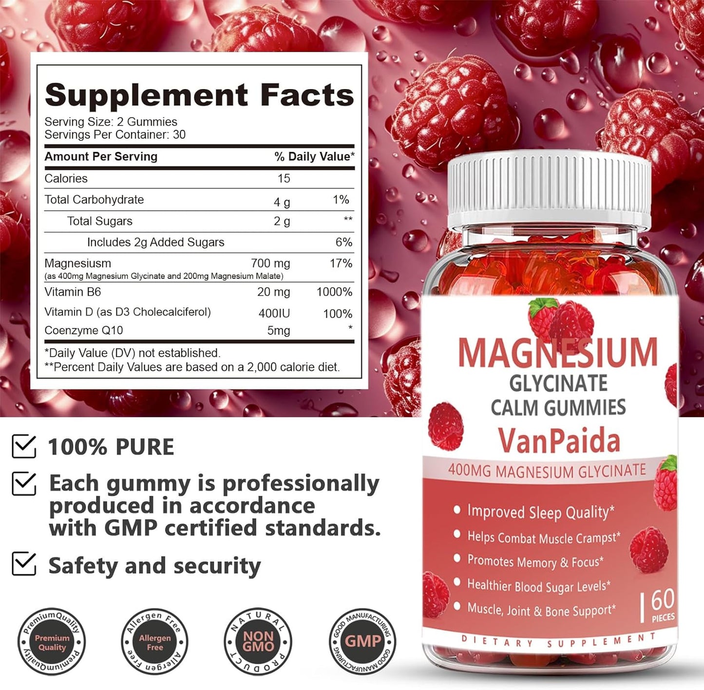 Van Paida Magnesium Glycinate Gummies - Muscle Relaxation, Pain & Cramps Relief, Bone & Energy Support, Mood Calming - High Absorption Vitamin B6, Magnesium & Potassium Supplement