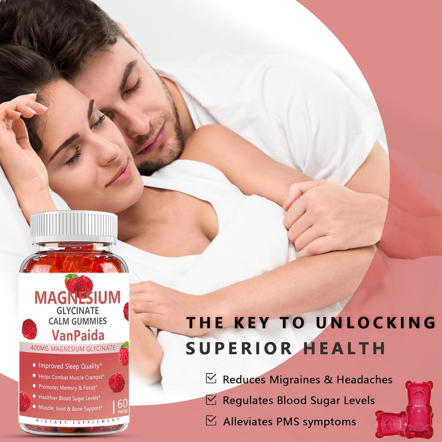Van Paida Magnesium Glycinate Gummies - Muscle Relaxation, Pain & Cramps Relief, Bone & Energy Support, Mood Calming - High Absorption Vitamin B6, Magnesium & Potassium Supplement