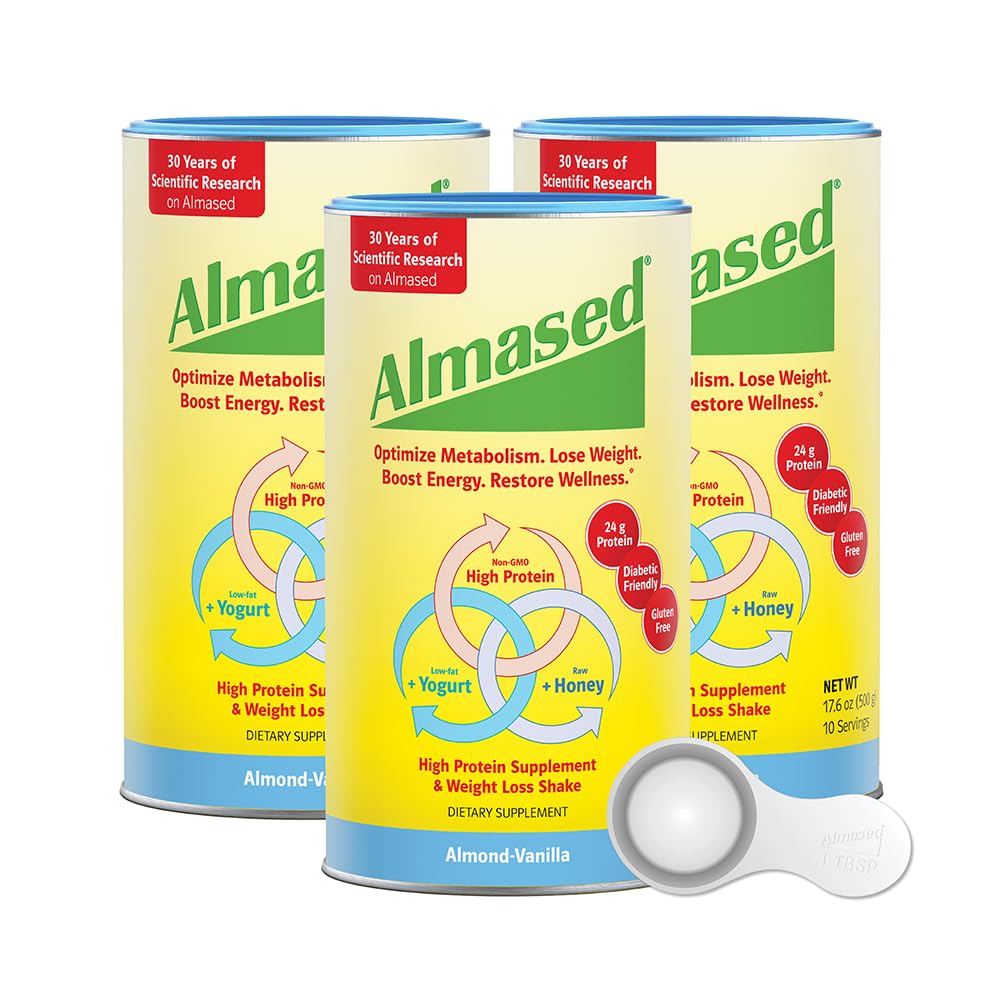 Vanilla Almased Protein Powder Shake for Weight Loss, Complete Nutrition Supplement with High Protein - 3 Cans (17.6 oz each) + Scoop + Shaker Bottle