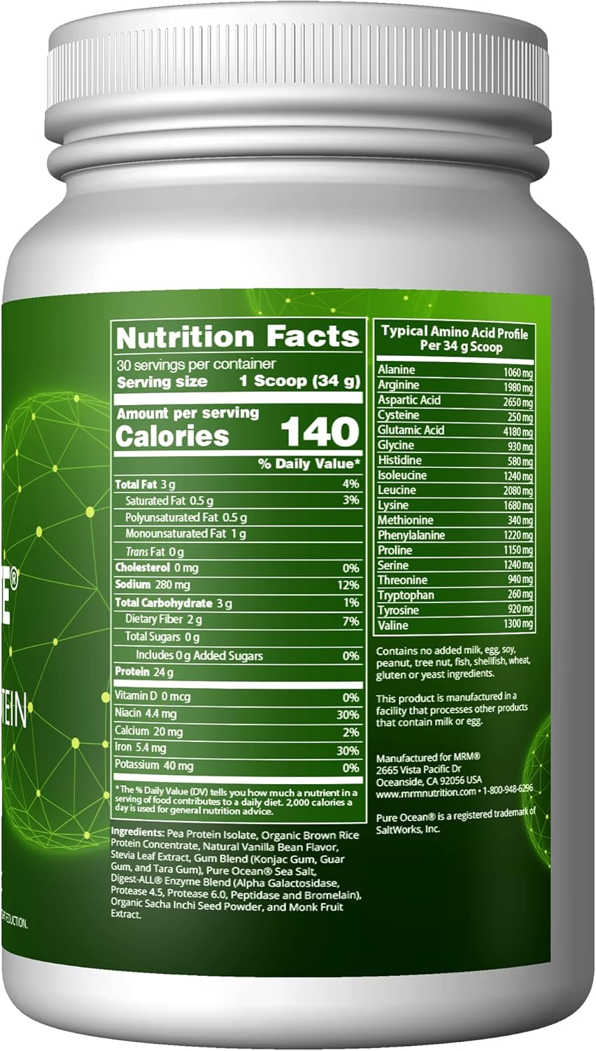 Vanilla Bean Flavored MRM Nutrition Veggie Elite Performance Protein - Plant-Based, Vegan, Gluten-Free, Easy to Digest, with BCAAs and Digestive Enzymes (30 Servings)