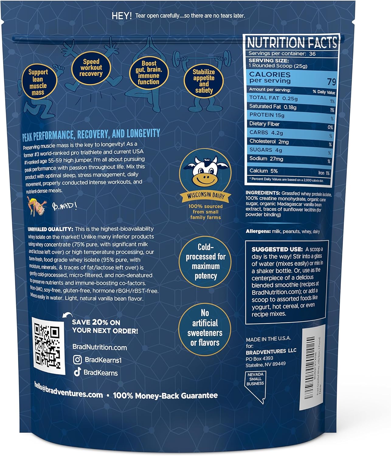 Vanilla Bean Grass-Fed Whey Protein Isolate Powder with Creatine | All-Natural Superfuel | 100% USA-Sourced | 2 Pounds