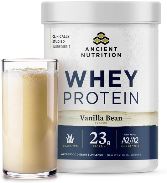 Vanilla Bean Grass Fed Whey Protein with Hydrolyzed Collagen Peptides - 23g Protein, 20 Servings - Organic A2/A2 Milk Protein