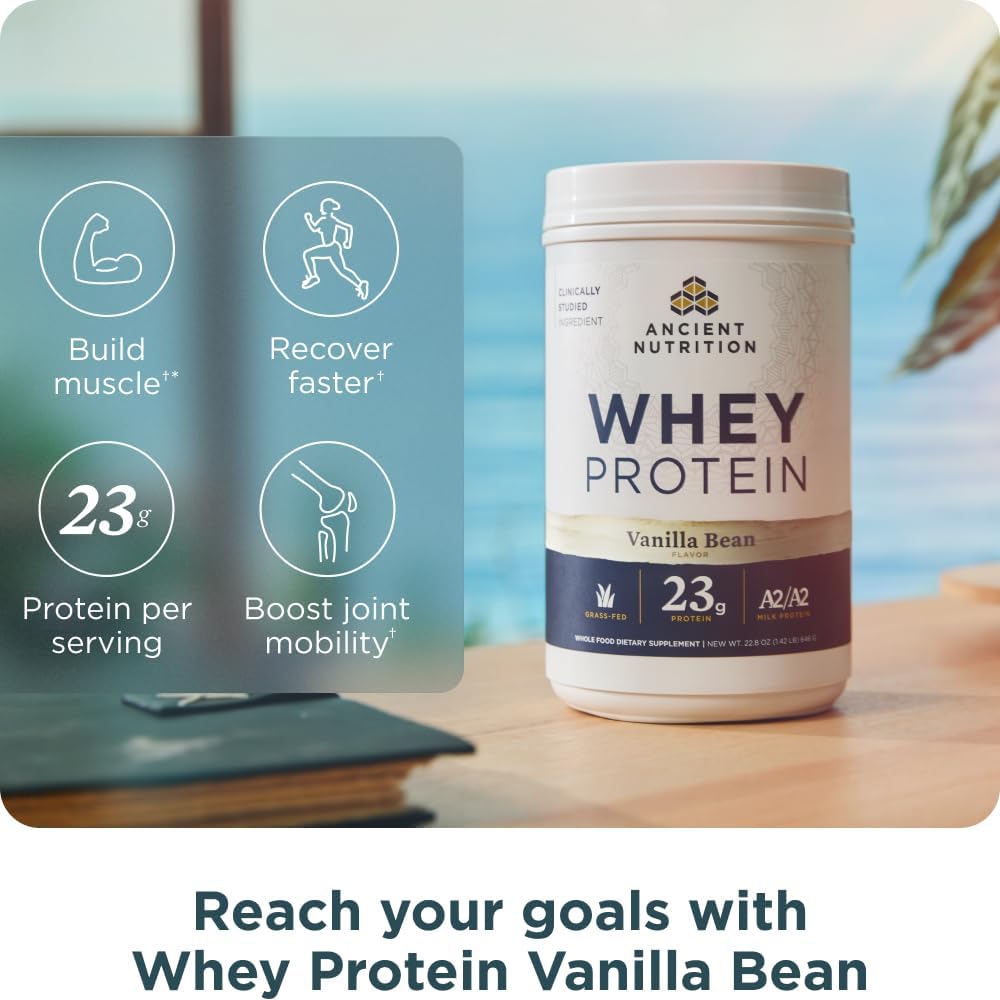 Vanilla Bean Grass Fed Whey Protein with Hydrolyzed Collagen Peptides - 23g Protein, 20 Servings - Organic A2/A2 Milk Protein