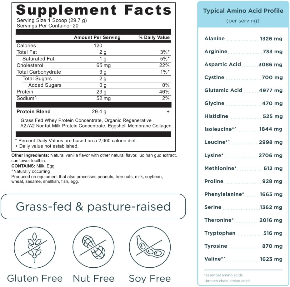 Vanilla Bean Grass Fed Whey Protein with Hydrolyzed Collagen Peptides - 23g Protein, 20 Servings - Organic A2/A2 Milk Protein