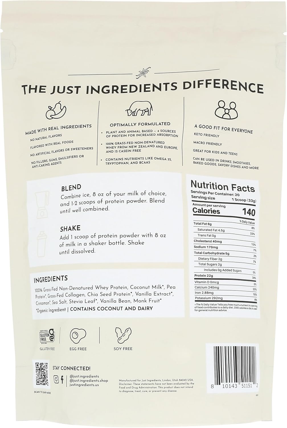 Vanilla Bean Whey Protein Powder - 23.28 OZ by Just Ingredients