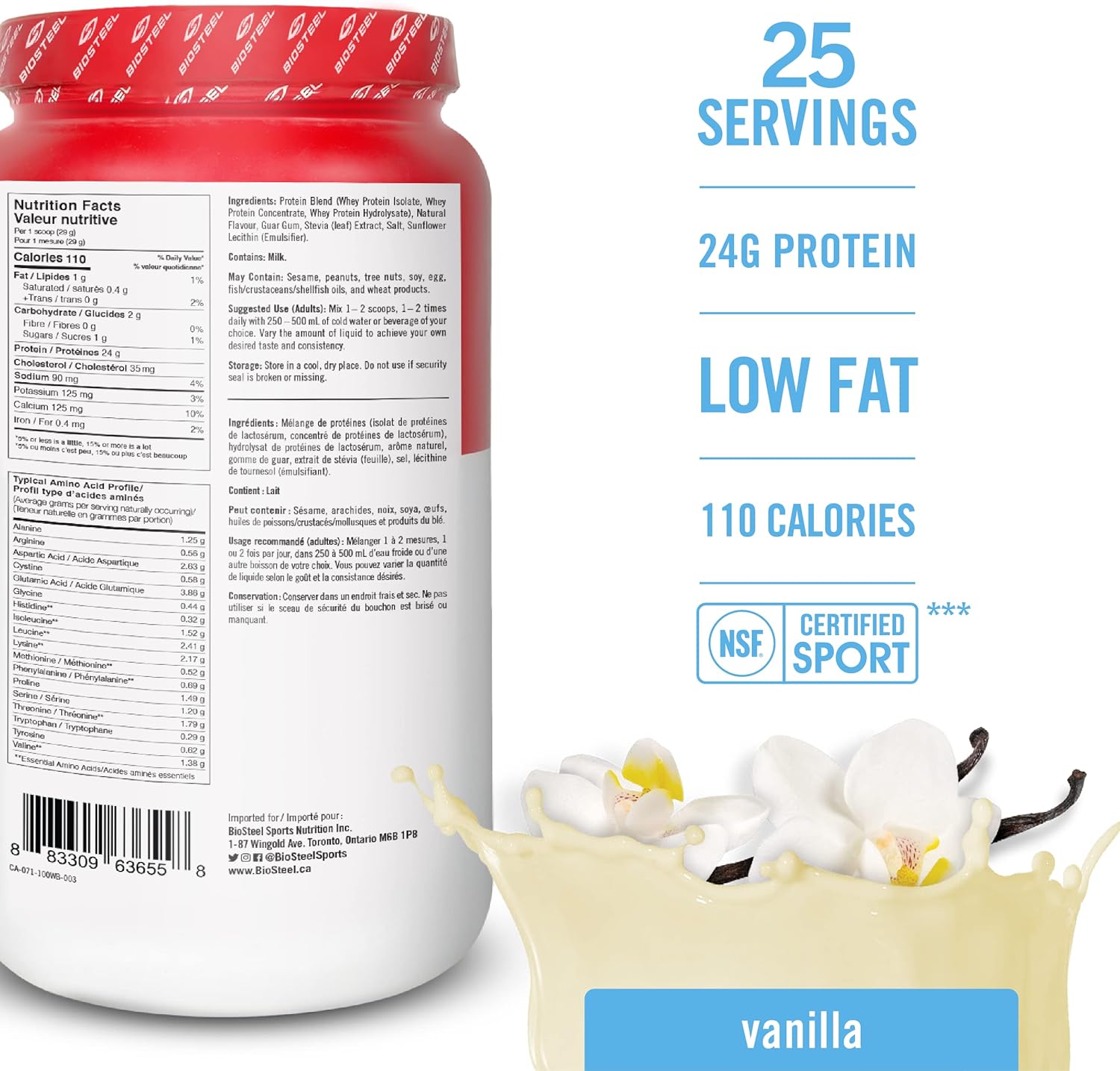 Vanilla BioSteel Sports 100% Whey Protein Powder Supplement - Non-GMO & rBGH Hormone Free - 25 Servings, 25.5oz - NSF Certified for Sport