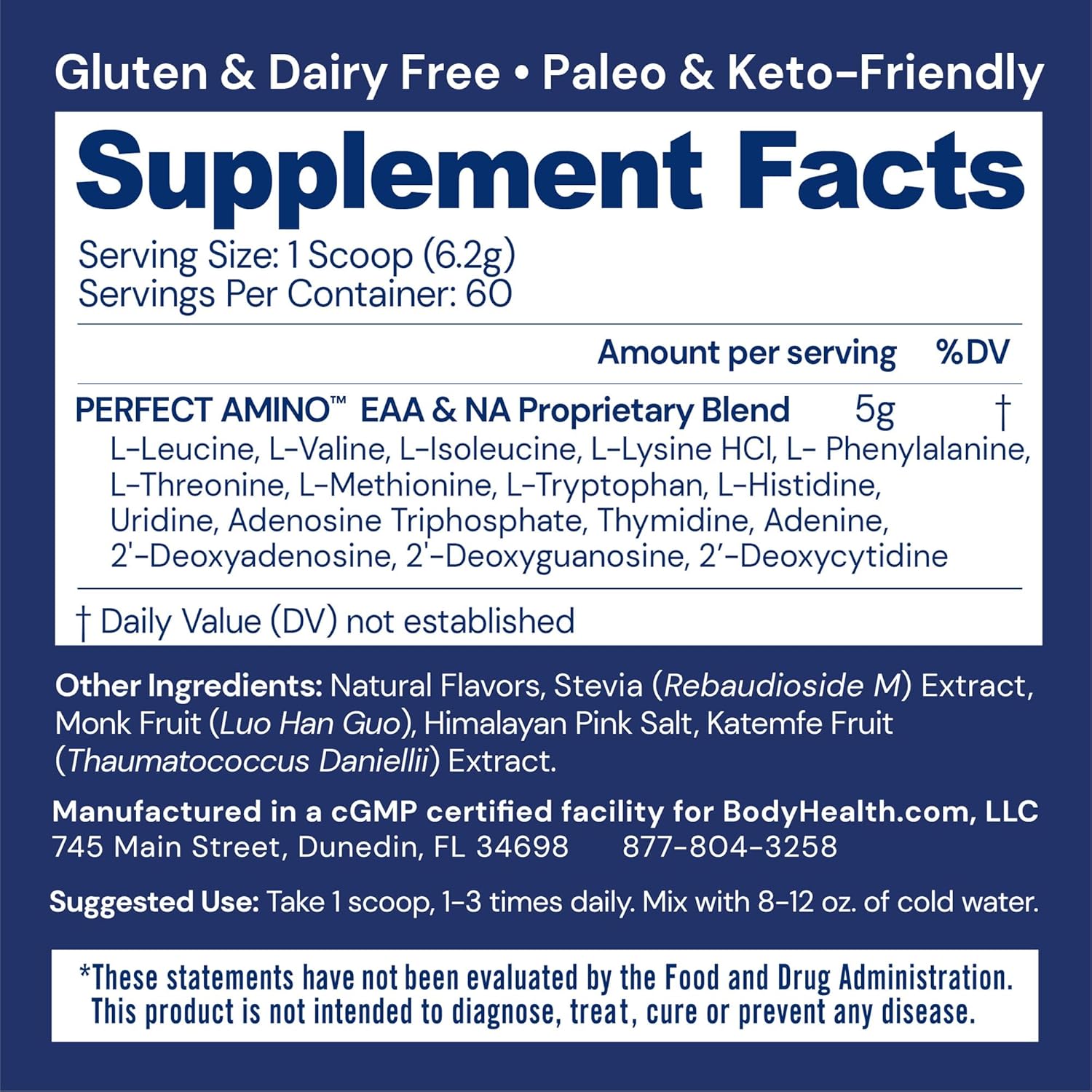 Vanilla BodyHealth PerfectAmino Powder: BCAA & EAA Energy Drink for Lean Muscle & Recovery - 60 Servings