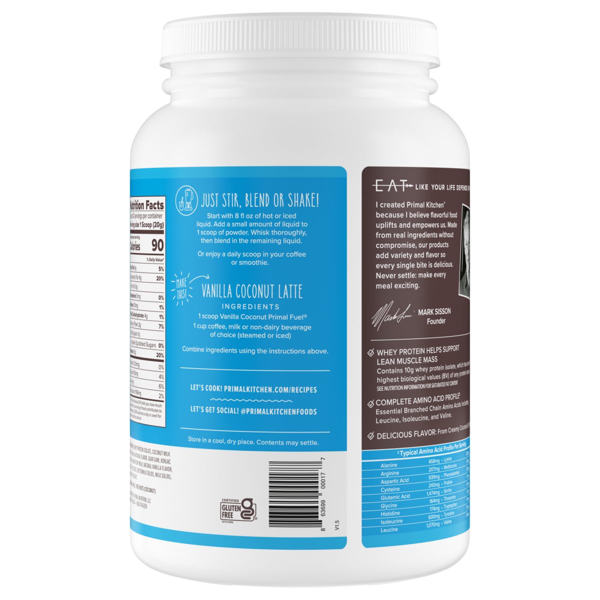 Vanilla Coconut Whey Protein Drink Mix by Primal Kitchen - Gluten and Soy Free - 1.85 Pounds