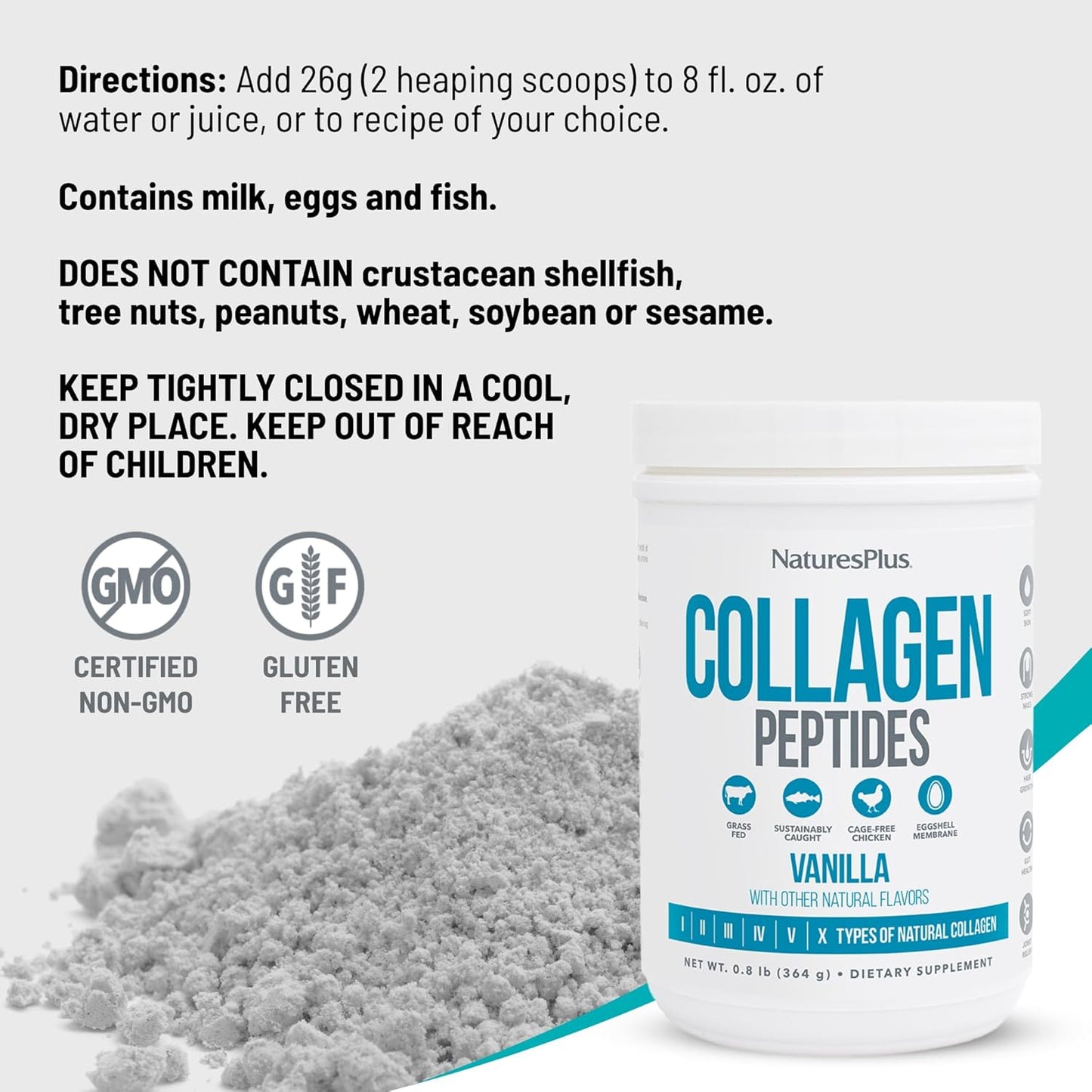 Vanilla Collagen Peptides Powder for Hair, Skin, Nails, Joints - Immune Support - Non-GMO, Gluten Free - 14 Servings