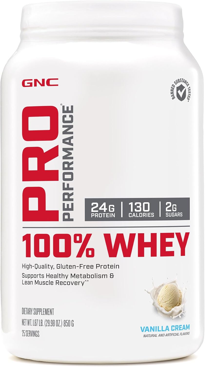 Vanilla Cream GNC Pro Performance 100% Whey Protein Powder - Boosts Metabolism, Aids Lean Muscle Recovery - 25 Servings
