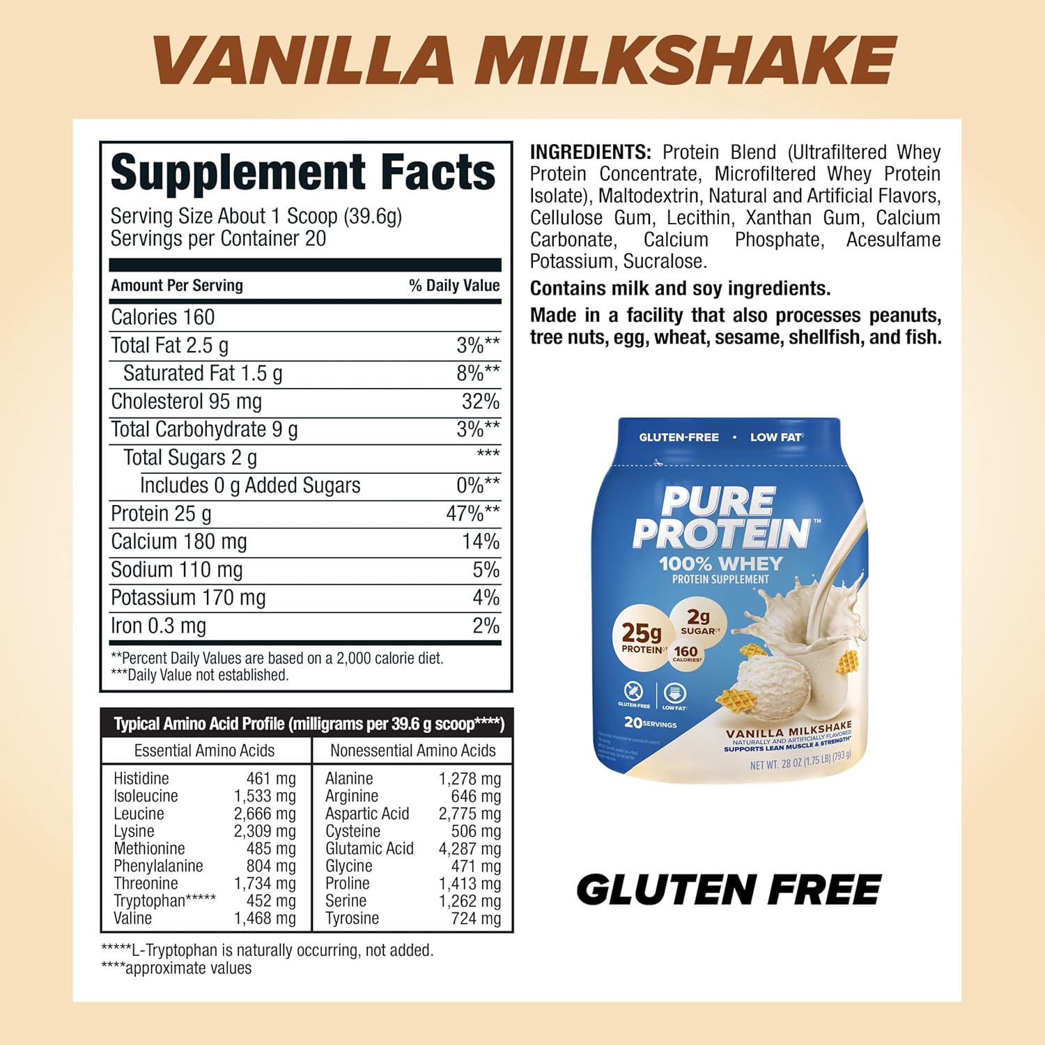 Vanilla Cream Whey Protein Powder - High Protein, Low Sugar, Gluten-Free - 1.75 lbs