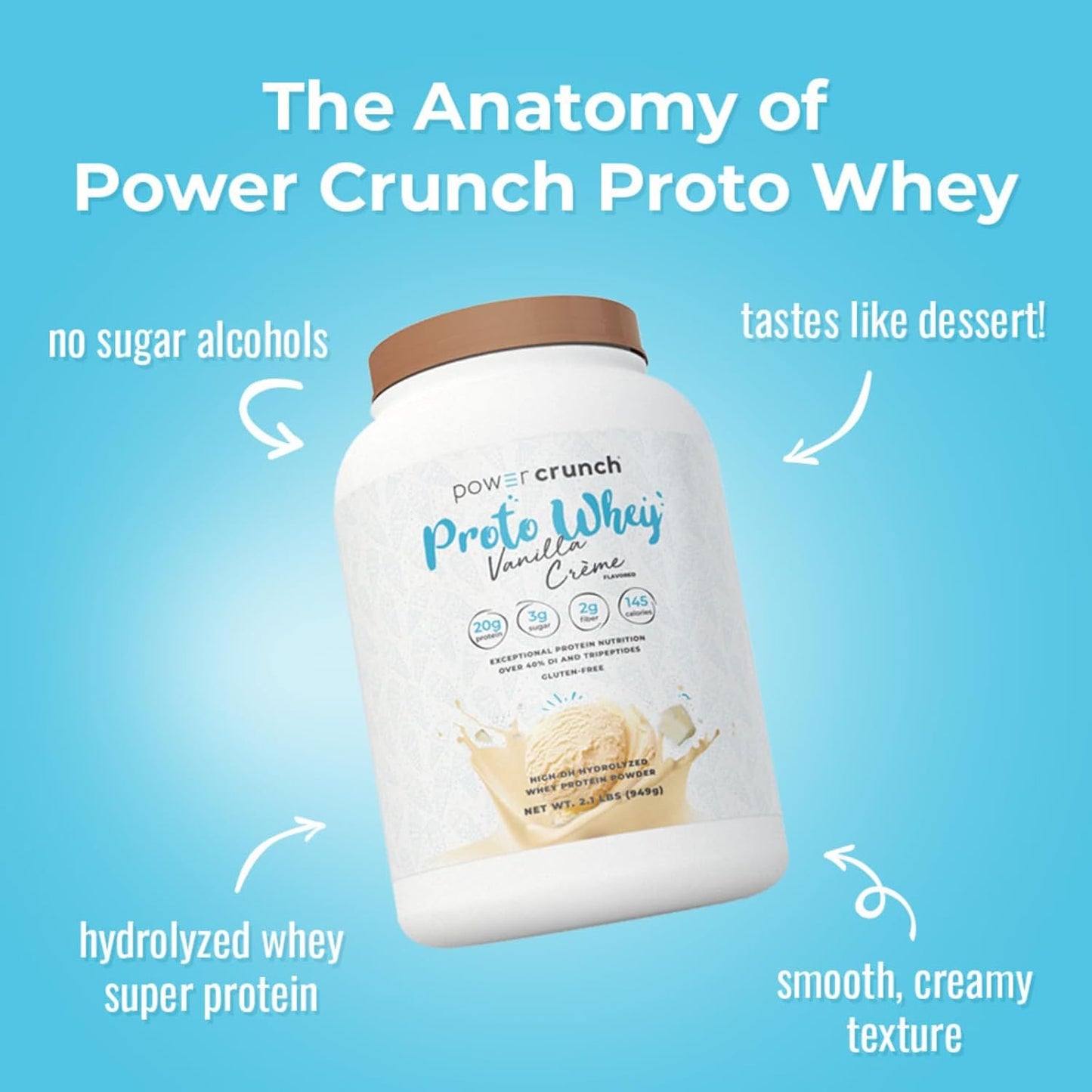 Vanilla Crème Power Crunch Proto Whey Protein Powder - 20g Protein, 26 Servings - 2.1 LBS Container