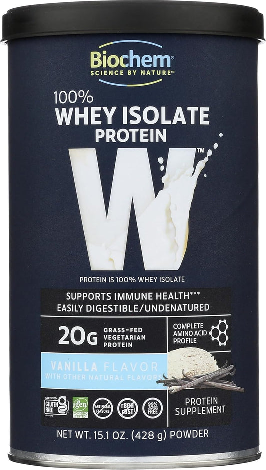 Vanilla Flavor Biochem 100% Whey Isolate Protein Powder for Immune Health - 15.1oz - Vegetarian-Friendly - 20g Protein - Easy to Digest - Rich in Amino Acids