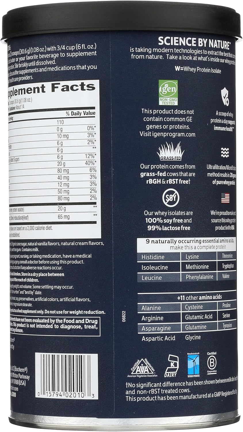 Vanilla Flavor Biochem 100% Whey Isolate Protein Powder for Immune Health - 15.1oz - Vegetarian-Friendly - 20g Protein - Easy to Digest - Rich in Amino Acids
