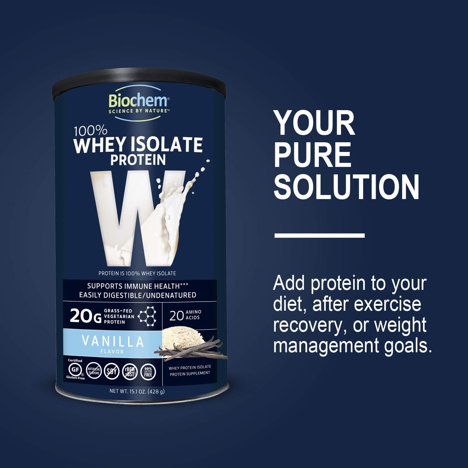 Vanilla Flavor Biochem 100% Whey Isolate Protein Powder for Immune Health - 15.1oz - Vegetarian-Friendly - 20g Protein - Easy to Digest - Rich in Amino Acids