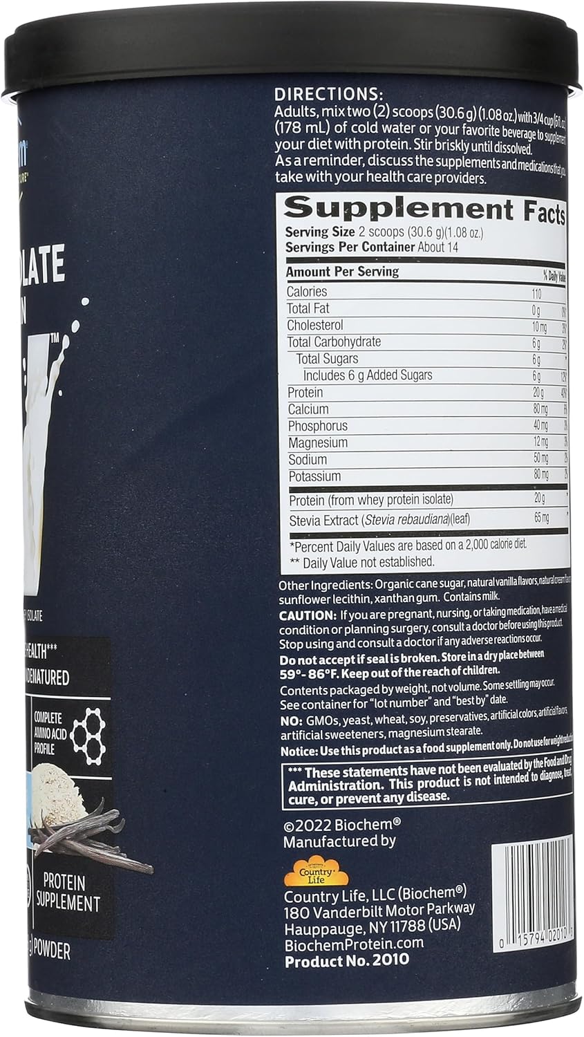 Vanilla Flavor Biochem 100% Whey Isolate Protein Powder for Immune Health - 15.1oz - Vegetarian-Friendly - 20g Protein - Easy to Digest - Rich in Amino Acids