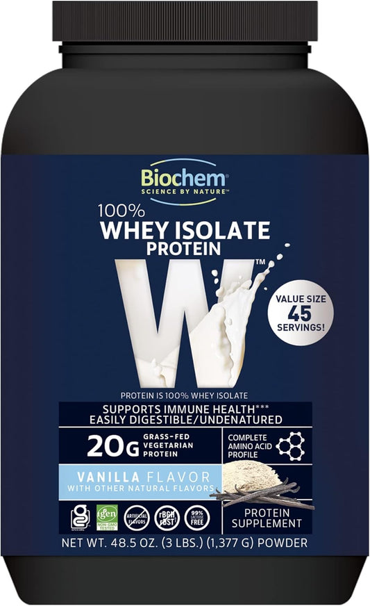 Vanilla Flavored Biochem 100% Whey Isolate Protein Powder - 48.5 oz - 20g Vegetarian Protein - Pre & Post Workout - Digestible - 45 Servings