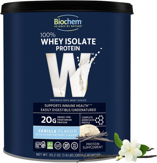 Vanilla Flavored Biochem Whey Protein Isolate Powder - 20g per Serving, Grass Fed, Non-GMO, Vegetarian - Muscle Mass & Performance Support