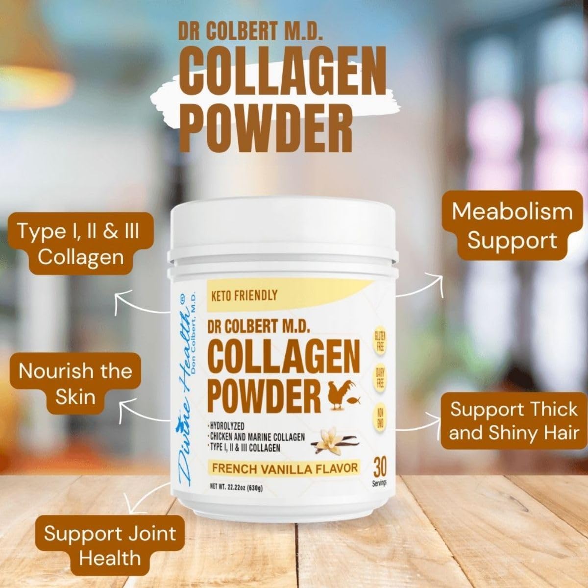 Vanilla Flavored Hydrolyzed Collagen Powder with Type I, II, III Chicken & Marine Peptides - Recommended for Hair, Skin, and Nails in Keto Zone Diet Book