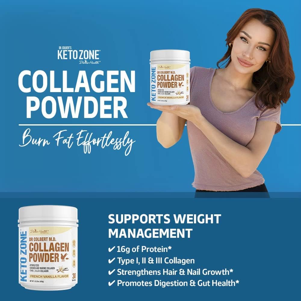 Vanilla Flavored Hydrolyzed Collagen Powder with Type I, II, III Chicken & Marine Peptides - Recommended for Hair, Skin, and Nails in Keto Zone Diet Book