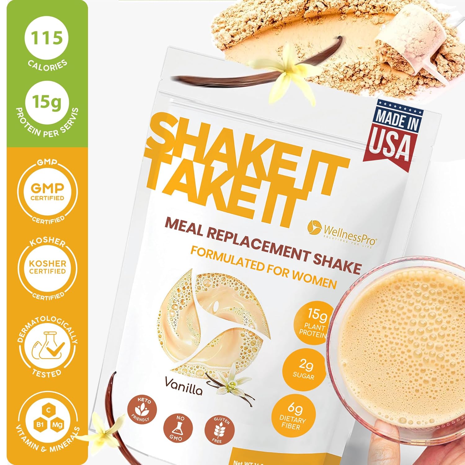 Vanilla Flavored Keto-Friendly Meal Replacement Shake for Women - Kosher Certified Protein Powder with Pre & Probiotics for Digestion - No Sucralose - 16.9 Oz