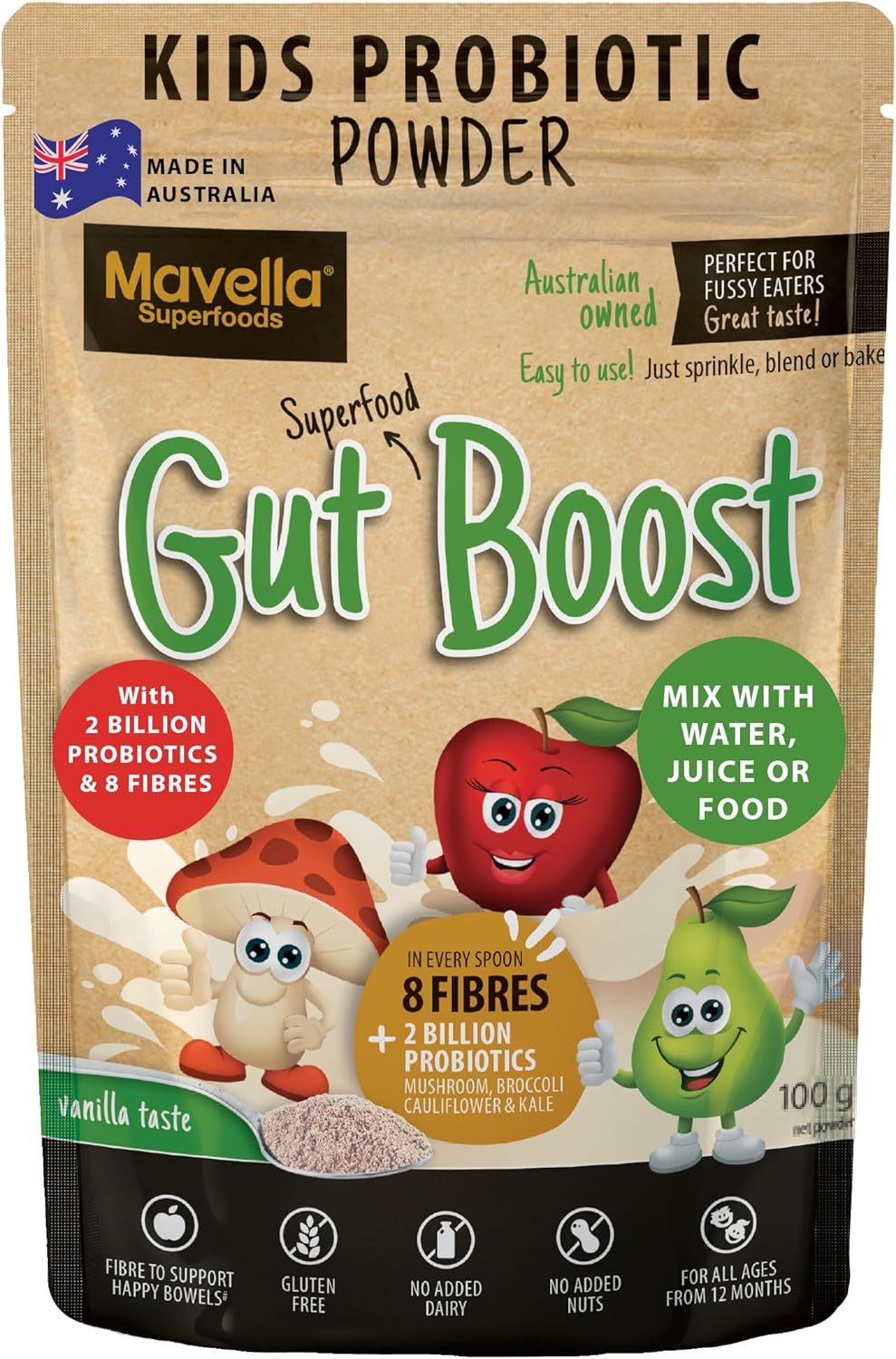 Vanilla Flavored Kids Probiotic Powder with Fiber for Digestive & Immune Support, Easy Mix Gut Health Supplement for Children, Toddlers - 3.52oz
