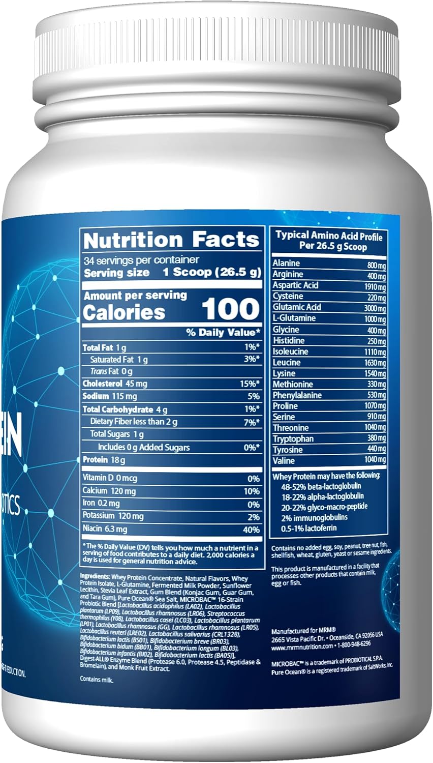 Vanilla Flavored MRM Nutrition Whey Protein with Probiotics, Digestive Enzymes, and BCAAs for High Absorption and Digestion - 33 Servings