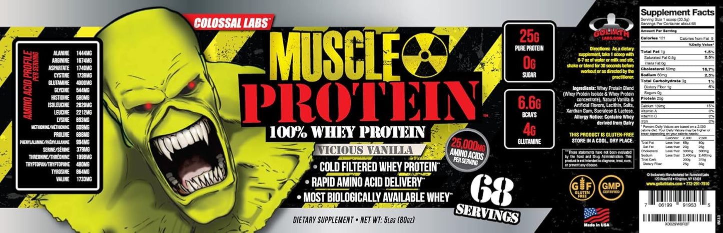 Vanilla Flavored Muscle Whey Protein Blend - 15 lbs - Cold Filtered - 25g Protein - 6.6g BCAAs - Colossal Labs