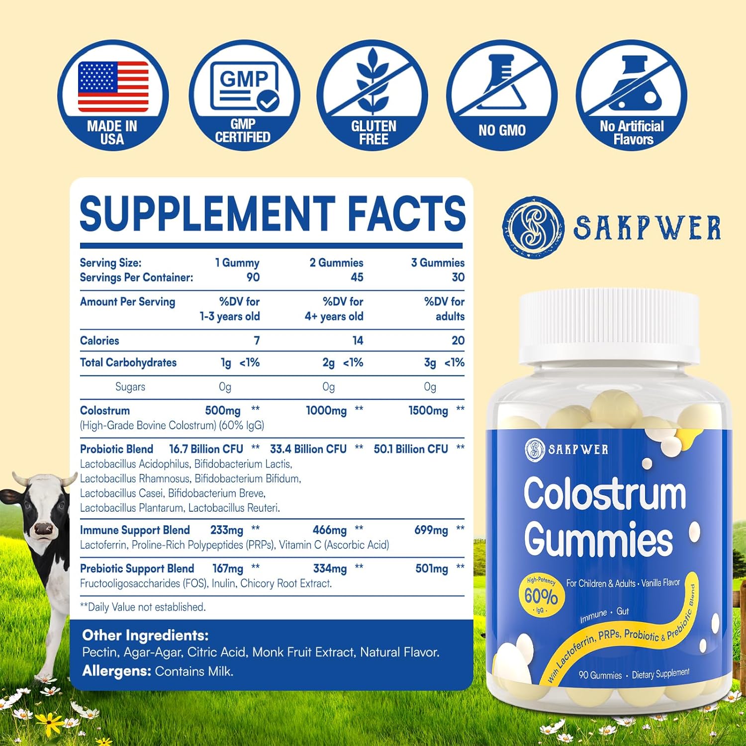 Vanilla Flavored Sugar-Free Bovine Colostrum Gummies with 60% IgG - Probiotics & Prebiotics for Adults & Kids - 90 Gummies