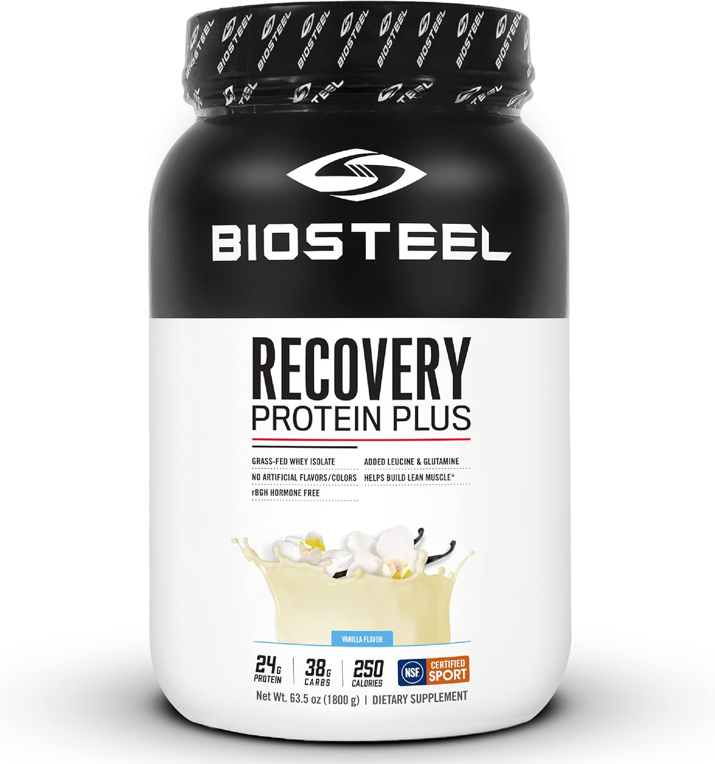 Vanilla Grass-Fed BIOSTEEL Recovery Protein Plus Powder Supplement - Non-GMO Formula, 27 Servings