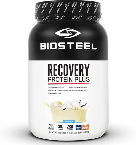 Vanilla Grass-Fed BIOSTEEL Recovery Protein Plus Powder Supplement - Non-GMO Formula, 27 Servings