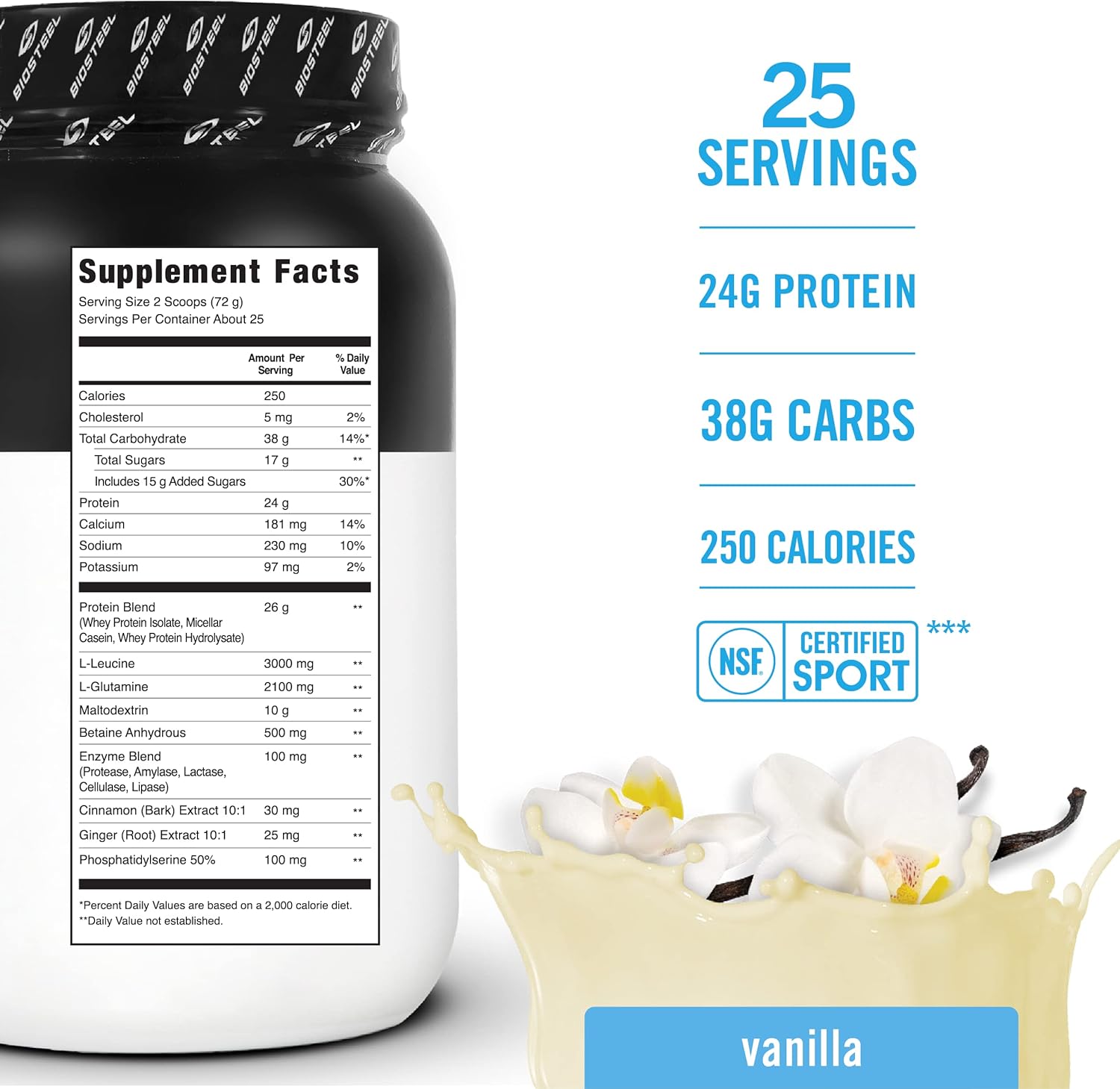 Vanilla Grass-Fed BIOSTEEL Recovery Protein Plus Powder Supplement - Non-GMO Formula, 27 Servings