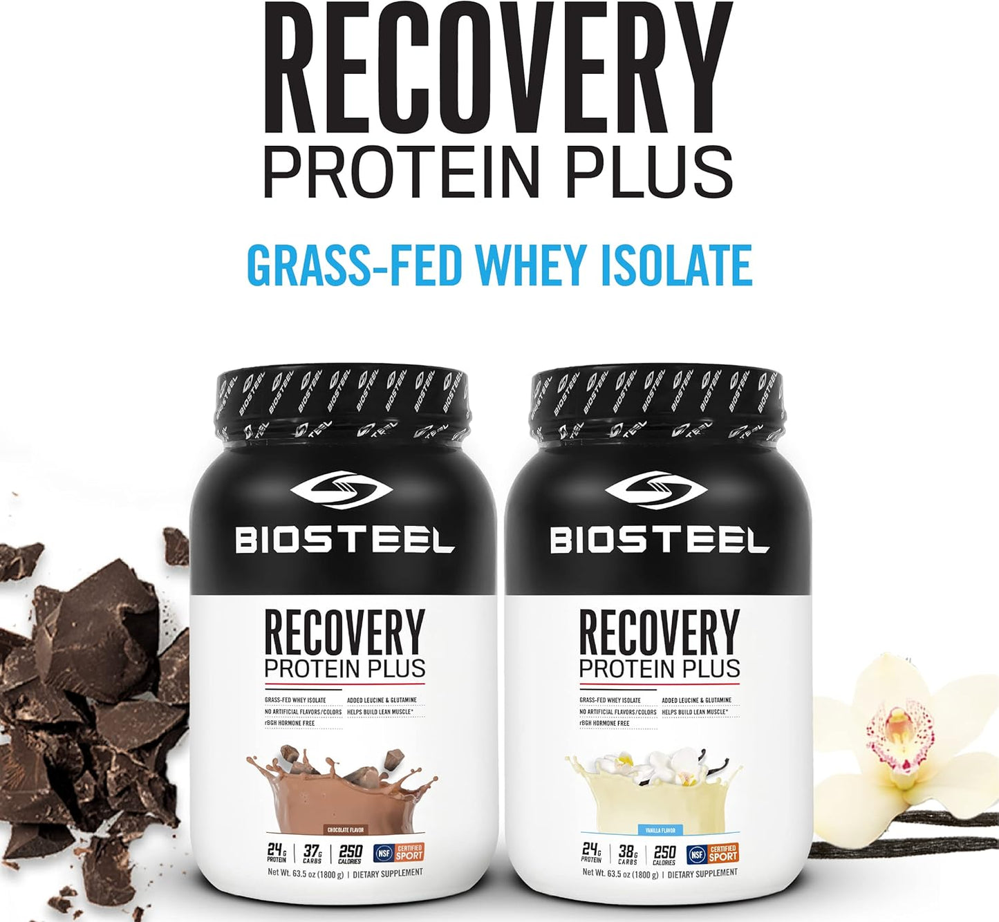 Vanilla Grass-Fed BIOSTEEL Recovery Protein Plus Powder Supplement - Non-GMO Formula, 27 Servings