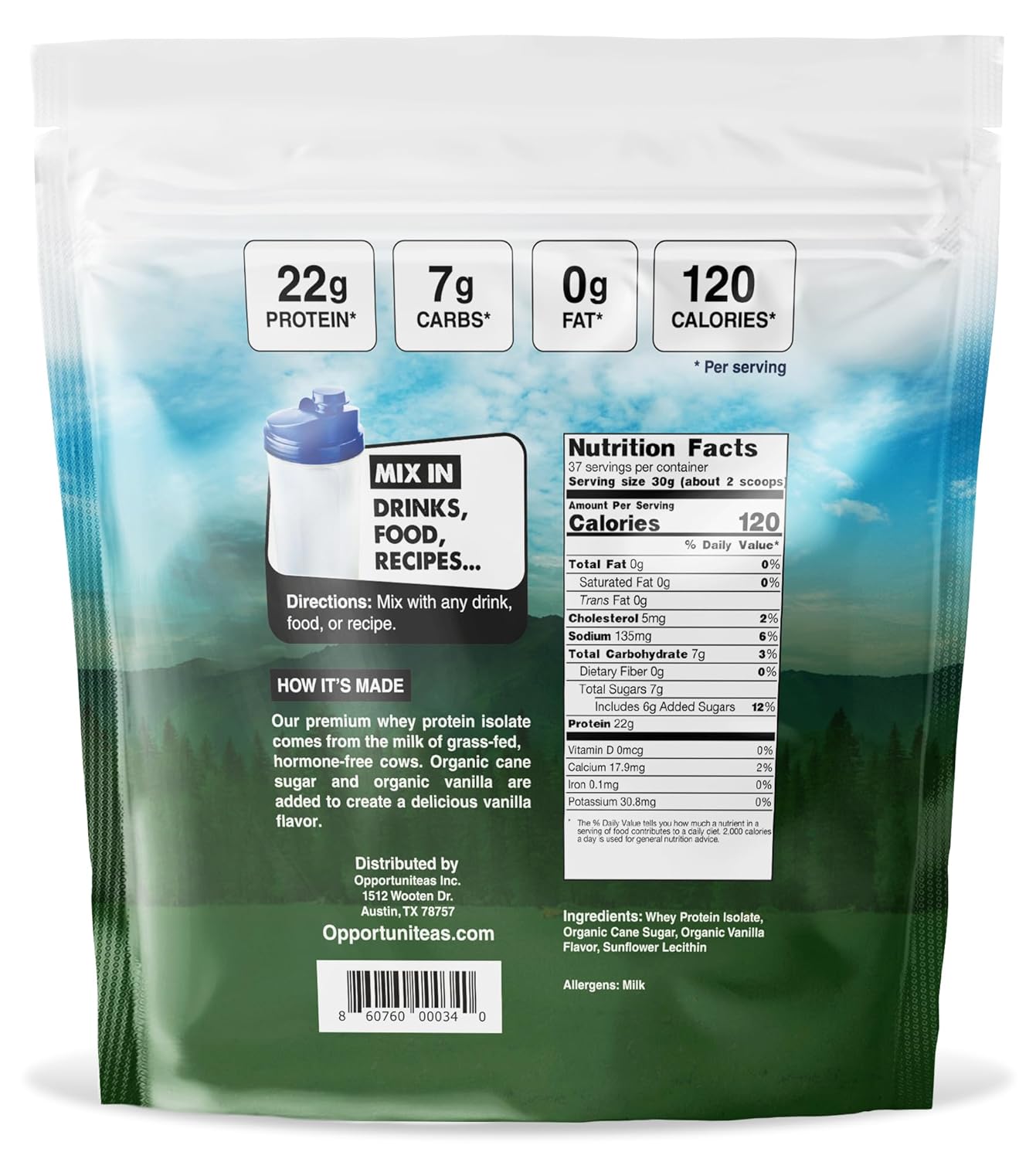 Vanilla Grass Fed Whey Protein Isolate Powder - 22g Protein, No Artificial Sweeteners, Hormone-Free Cows, Non GMO - 5lb