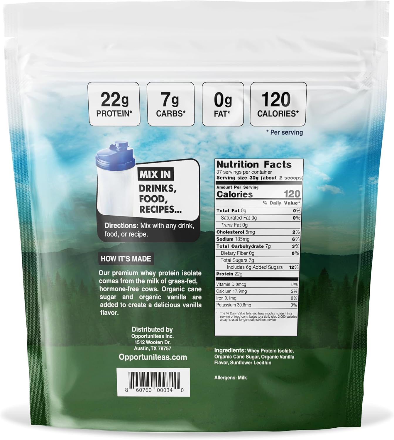 Vanilla Grass Fed Whey Protein Isolate Powder - 22g Protein, No Artificial Sweeteners, Hormone-Free, Non GMO - 2.5lb