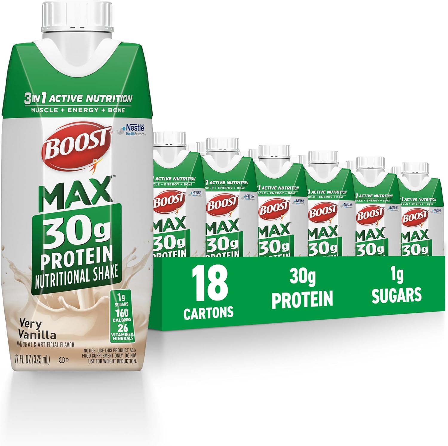 Vanilla High Protein Shake - Ready to Drink Nutritional Drink for Muscle Recovery - 30g Protein, 26 Vitamins & Minerals, 1g Sugar - 11 fl oz (Pack of 18)