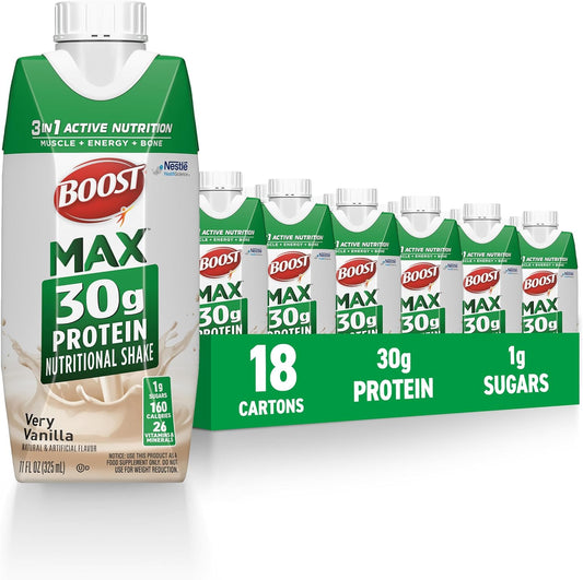 Vanilla High Protein Shake - Ready to Drink Nutritional Drink for Muscle Recovery - 30g Protein, 26 Vitamins & Minerals, 1g Sugar - 11 fl oz (Pack of 18)