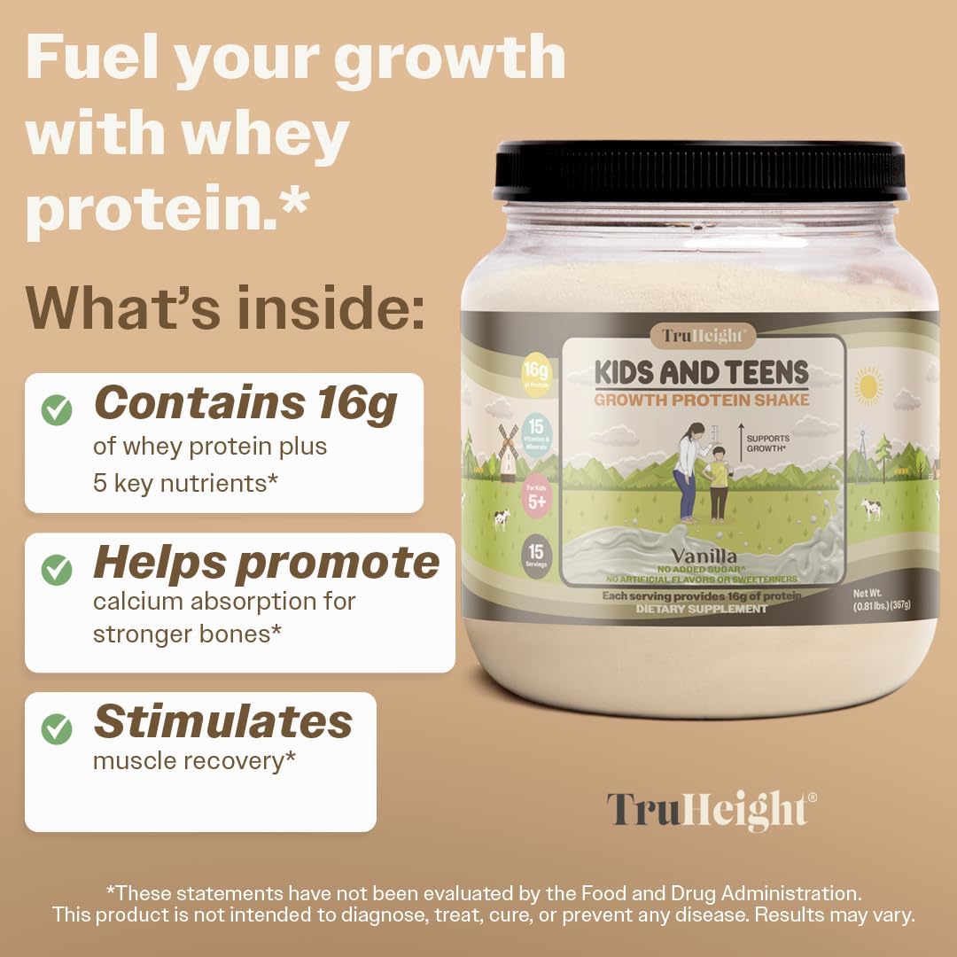 Vanilla Ice Cream TruHeight Growth Protein Shake for Kids & Teens - Pediatrician-Endorsed Natural Protein Powder with Vitamins & Minerals for Ages 5+
